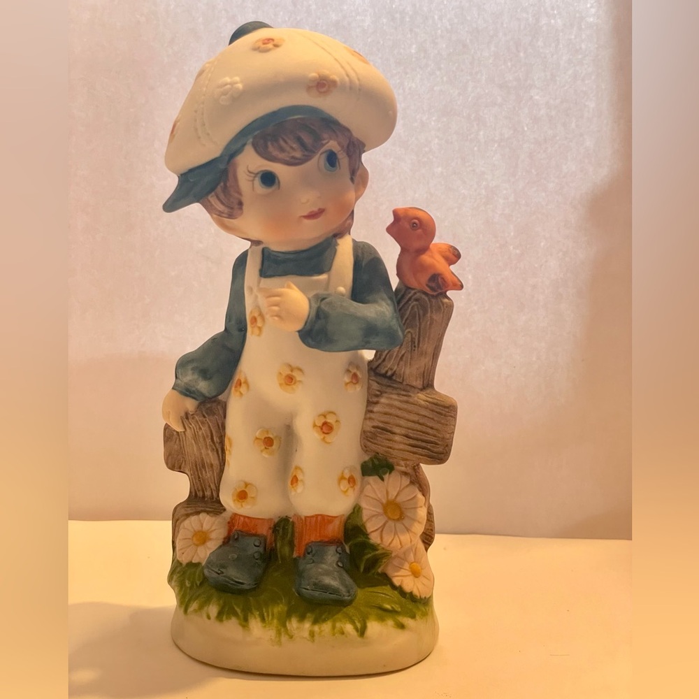 Vintage Super Cute Homco Porcelain Bisque Boy with Bird Figurine